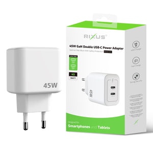 Rixus RXHC45 45W GaN Double USB-C Power Adapter White
