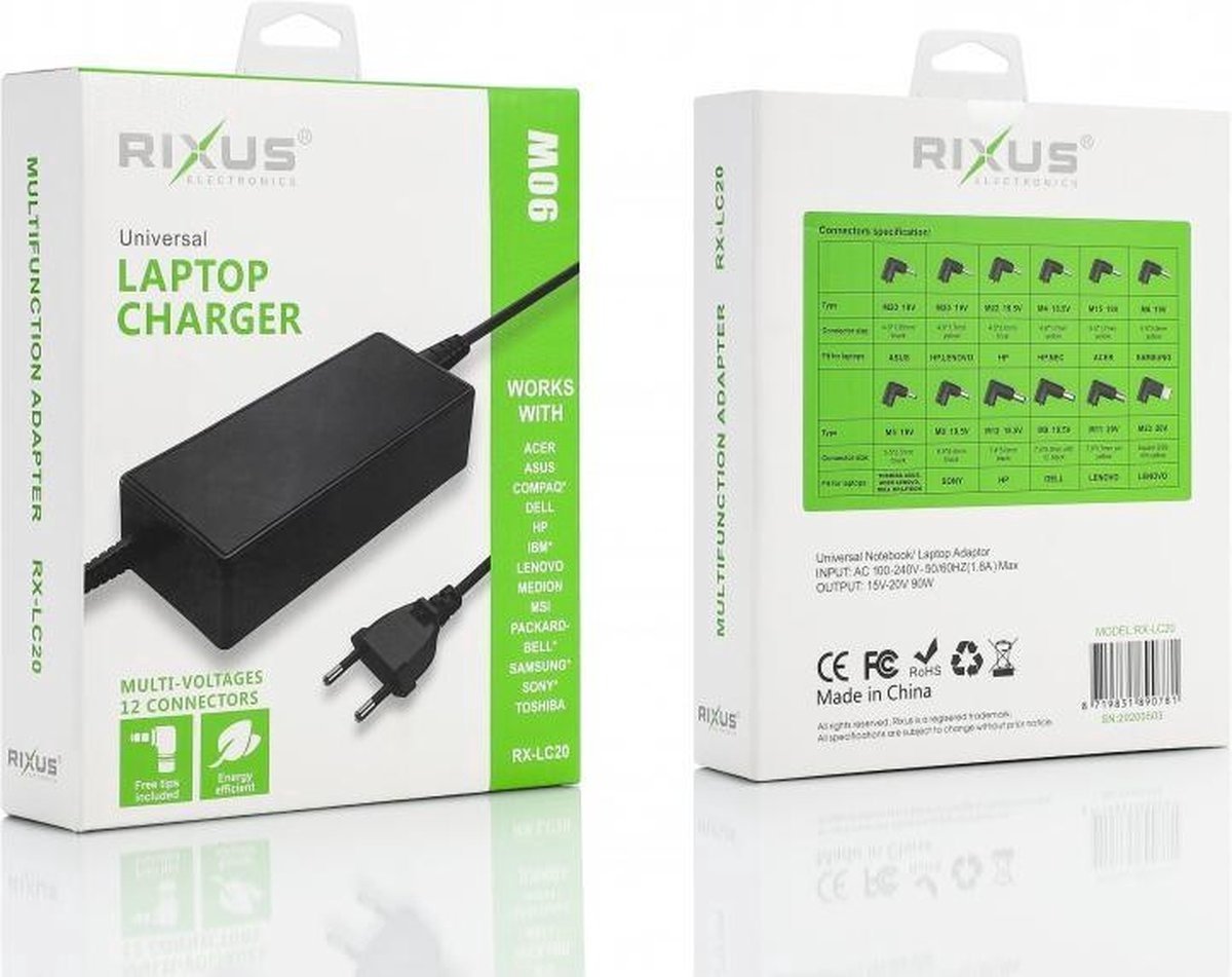 Rixus RXLC20 Universal Laptop Charger 90W With 12 Connectors Black