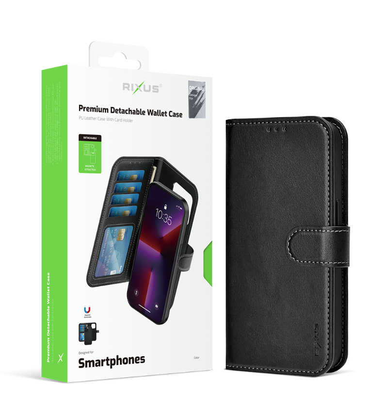 Rixus For iPhone 12, 12 Pro Duo Magnetic Detachable Wallet Black