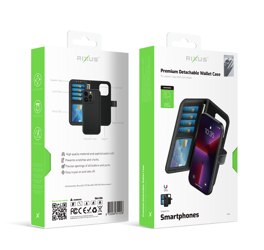 Rixus For iPhone 12, 12 Pro Duo Magnetic Detachable Wallet Black